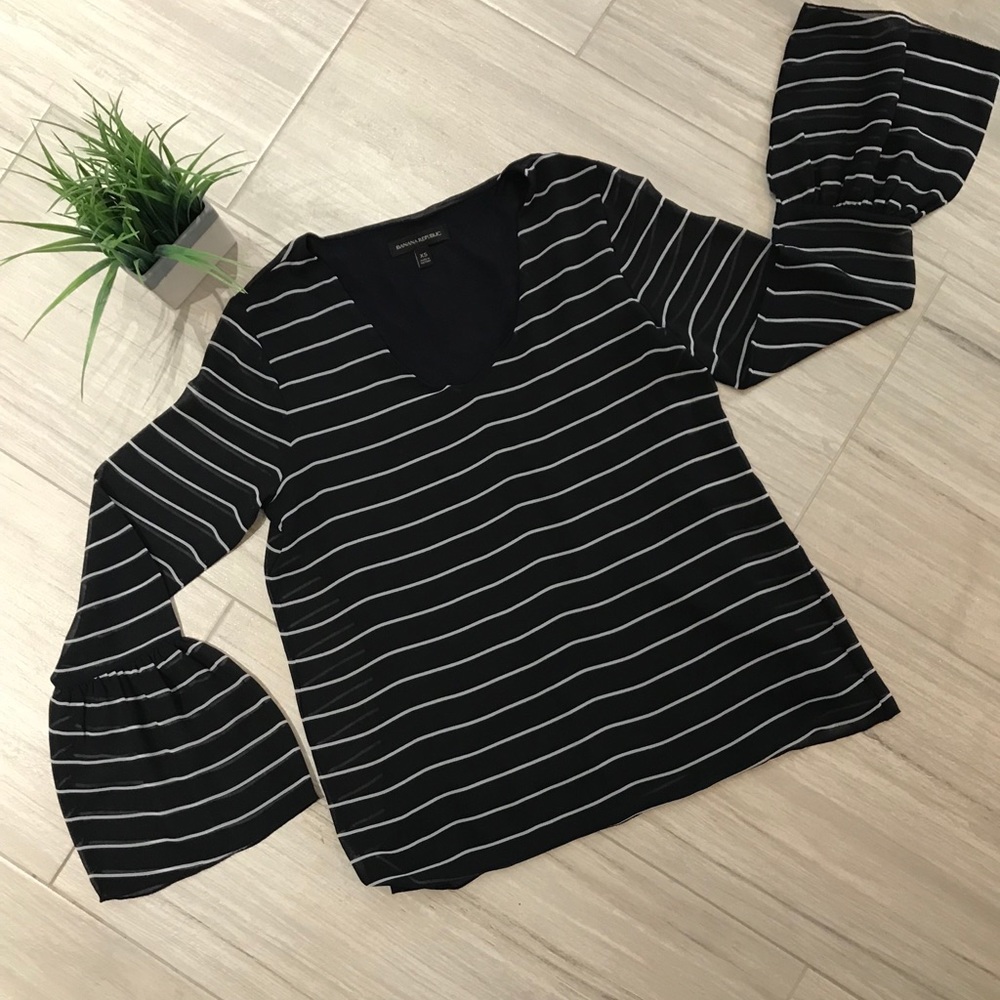 Banana Republic bell-sleeve navy and white blouse